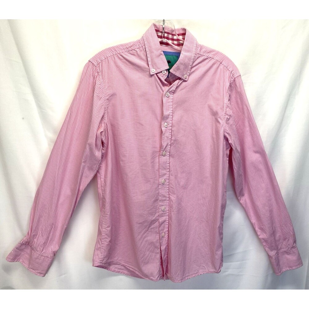 Park West Men’s S 15x34 Button-Down Shirt Pink Gingham Contrast Cuff/Neck FLAW